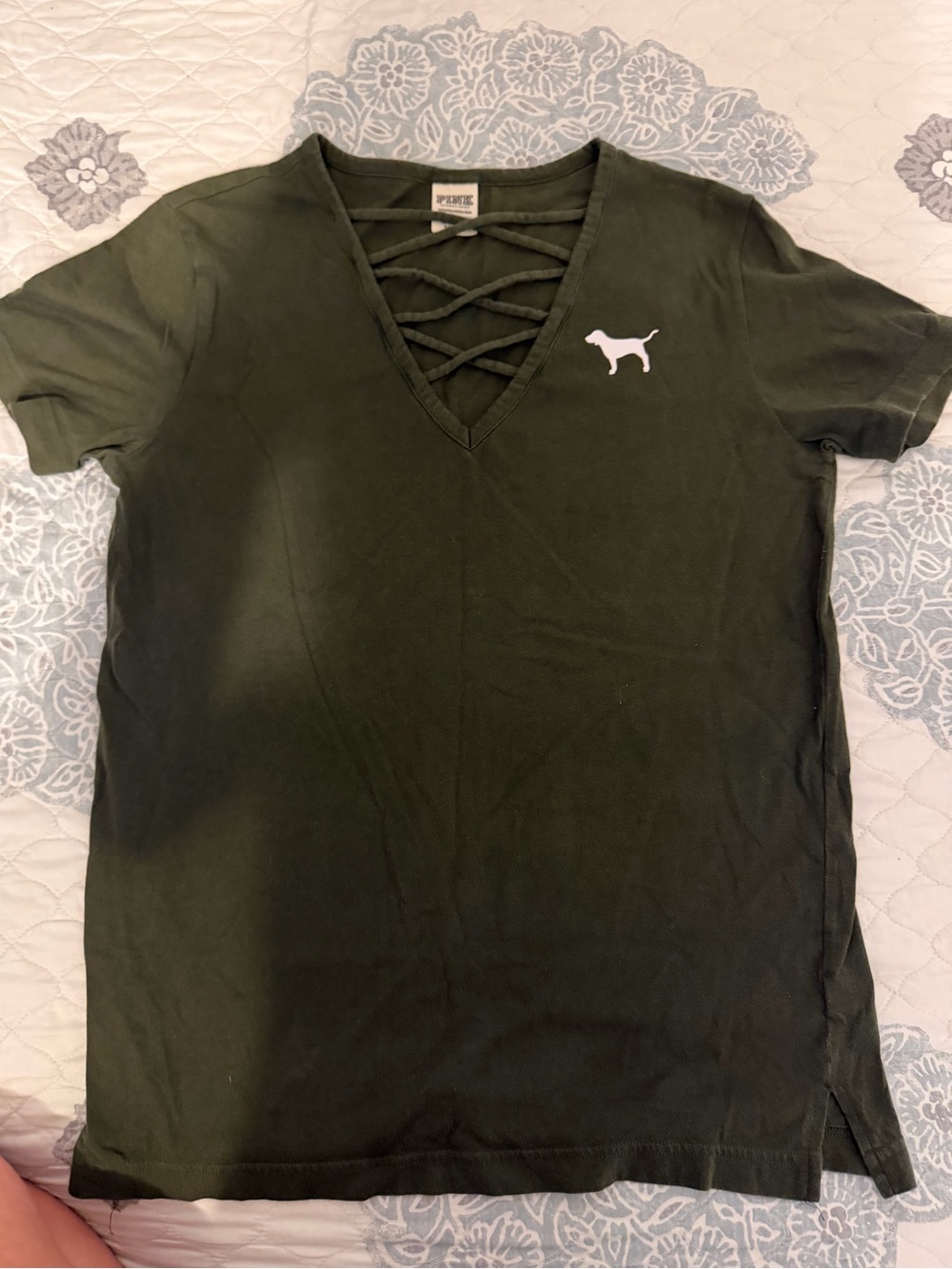 PINK Victoria's Secret Olive Green Crisscross V-Neck Tee